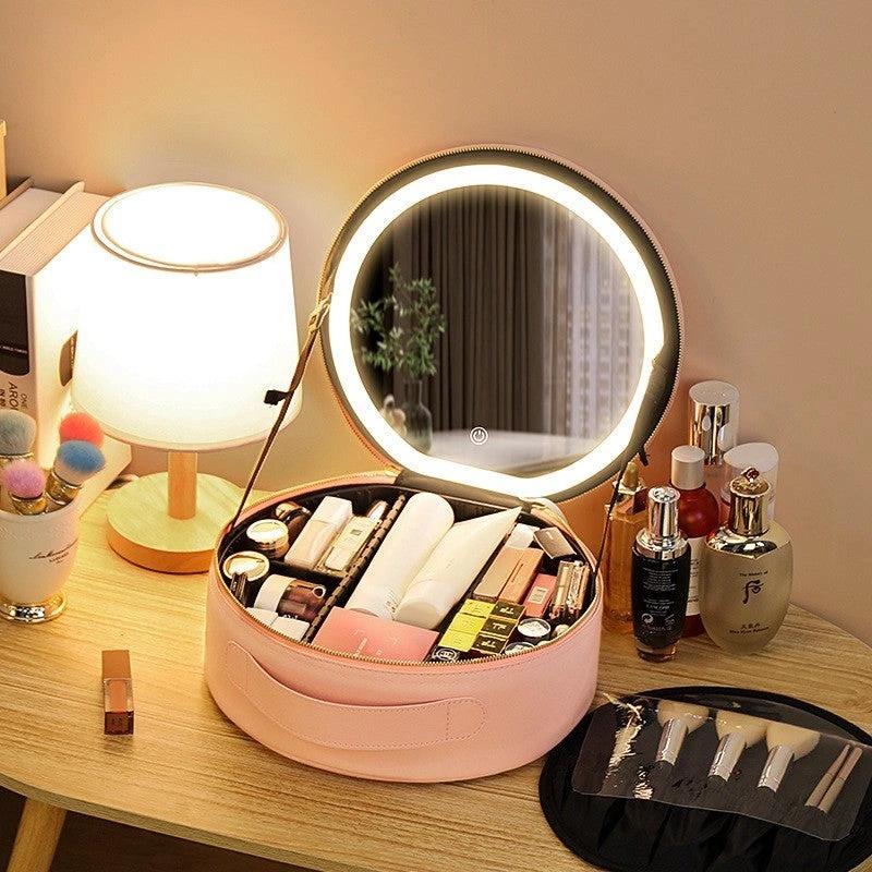 Round Smart LED Makeup Bag - Mirror Lights Travel Organizer MANDOTOS