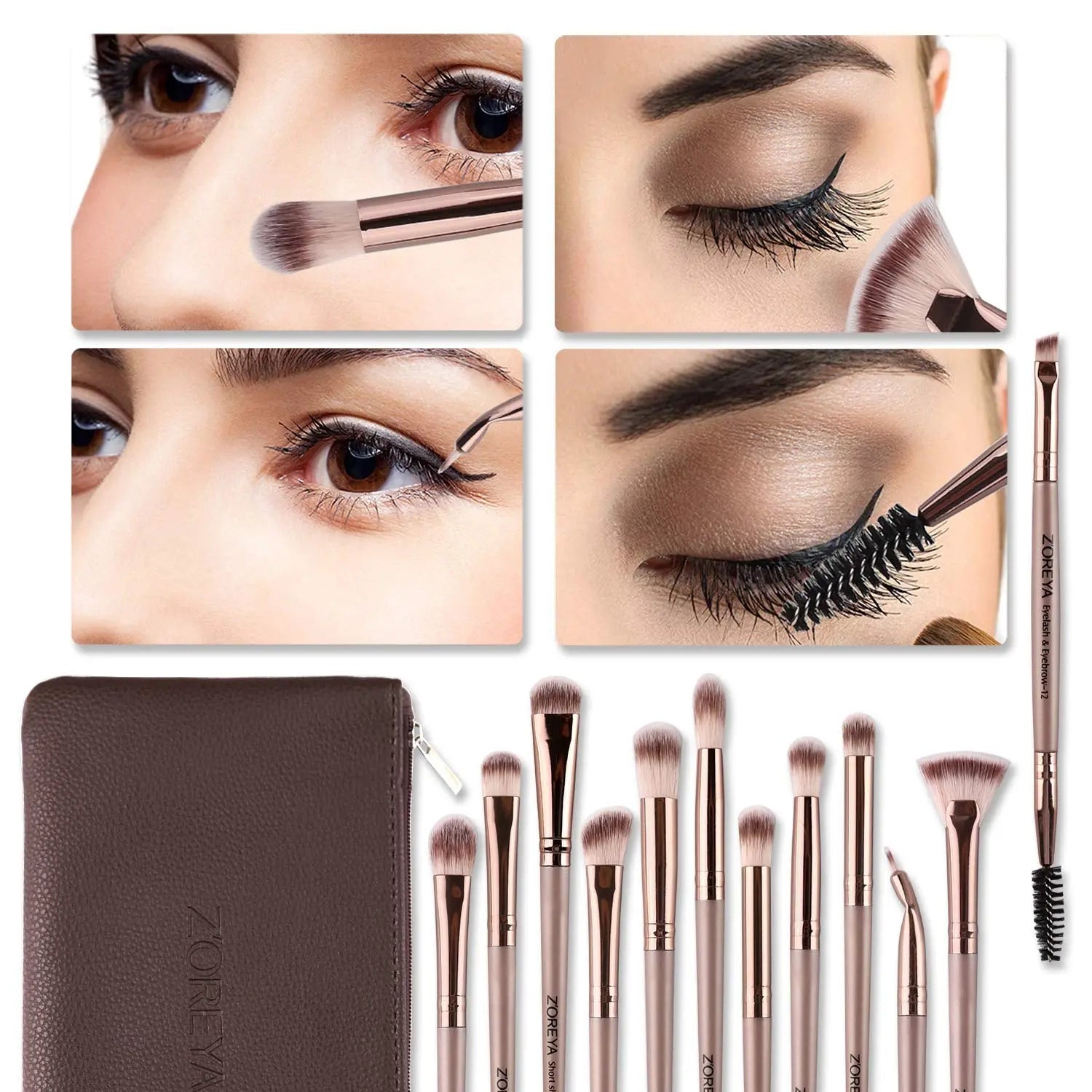 Eye Makeup Brushes, 12 Pcs Professional Eye Brush Set Eyeshadow, Eyebrow, Blending, Fan, Eyelash Brush Set with Carrying Bag (Champagne Gold) SnapGoShop