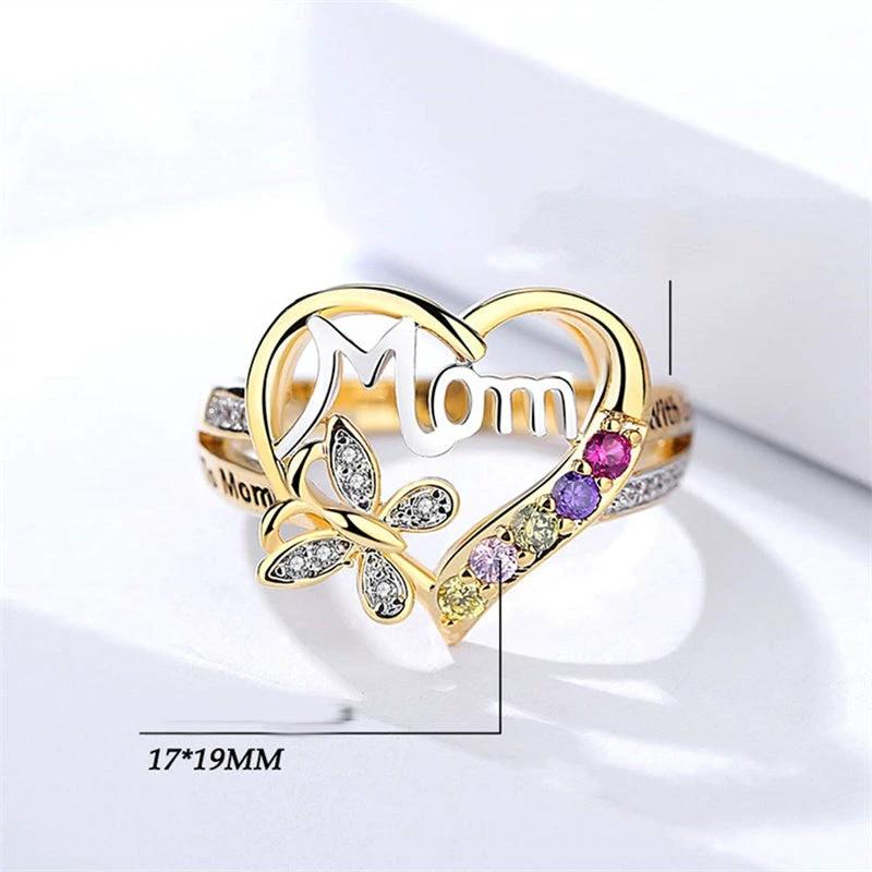 Mother's Day Gift Hollow Heart English Letter Love Mom Rhinestone Butterfly Finger Ring Jewelry Gift MANDOTOS