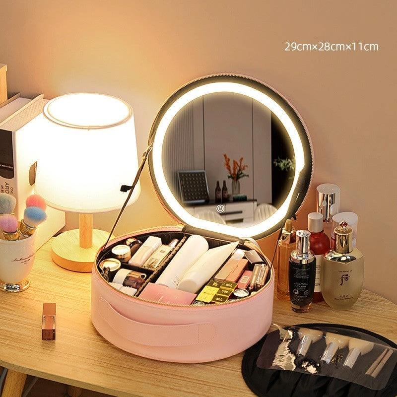 Round Smart LED Makeup Bag - Mirror Lights Travel Organizer MANDOTOS