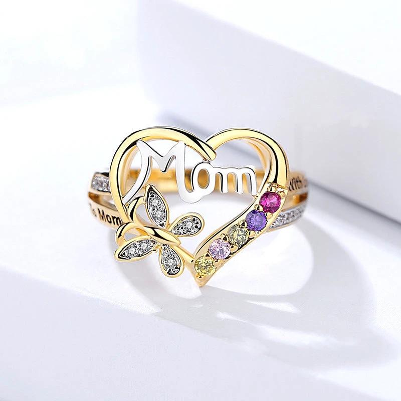 Mother's Day Gift Hollow Heart English Letter Love Mom Rhinestone Butterfly Finger Ring Jewelry Gift MANDOTOS