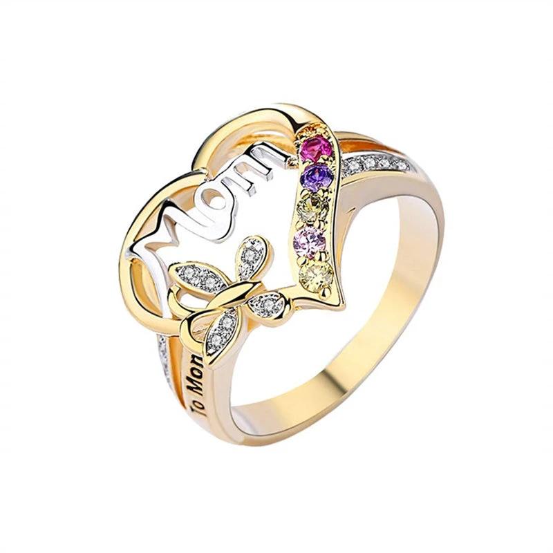 Mother's Day Gift Hollow Heart English Letter Love Mom Rhinestone Butterfly Finger Ring Jewelry Gift MANDOTOS