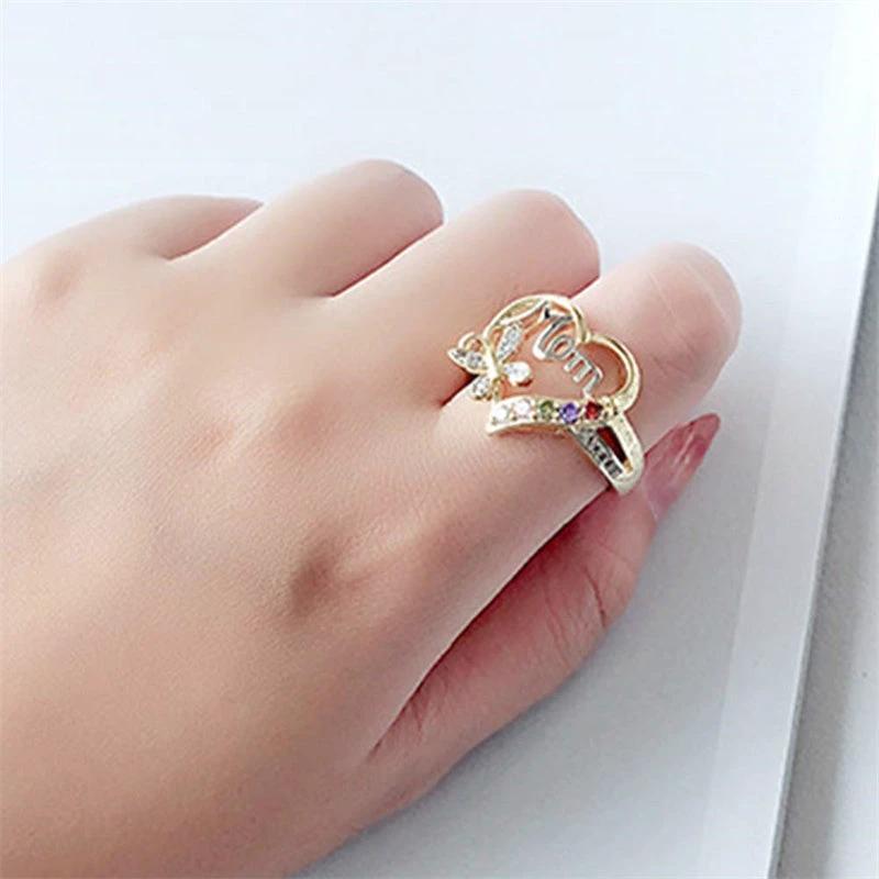 Mother's Day Gift Hollow Heart English Letter Love Mom Rhinestone Butterfly Finger Ring Jewelry Gift MANDOTOS