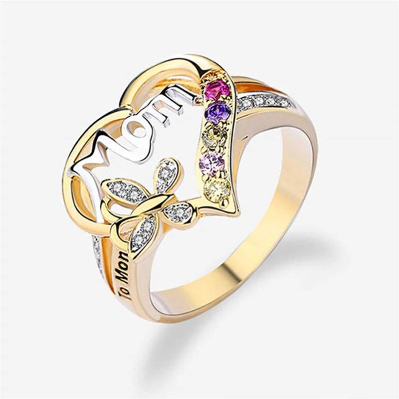 Mother's Day Gift Hollow Heart English Letter Love Mom Rhinestone Butterfly Finger Ring Jewelry Gift MANDOTOS