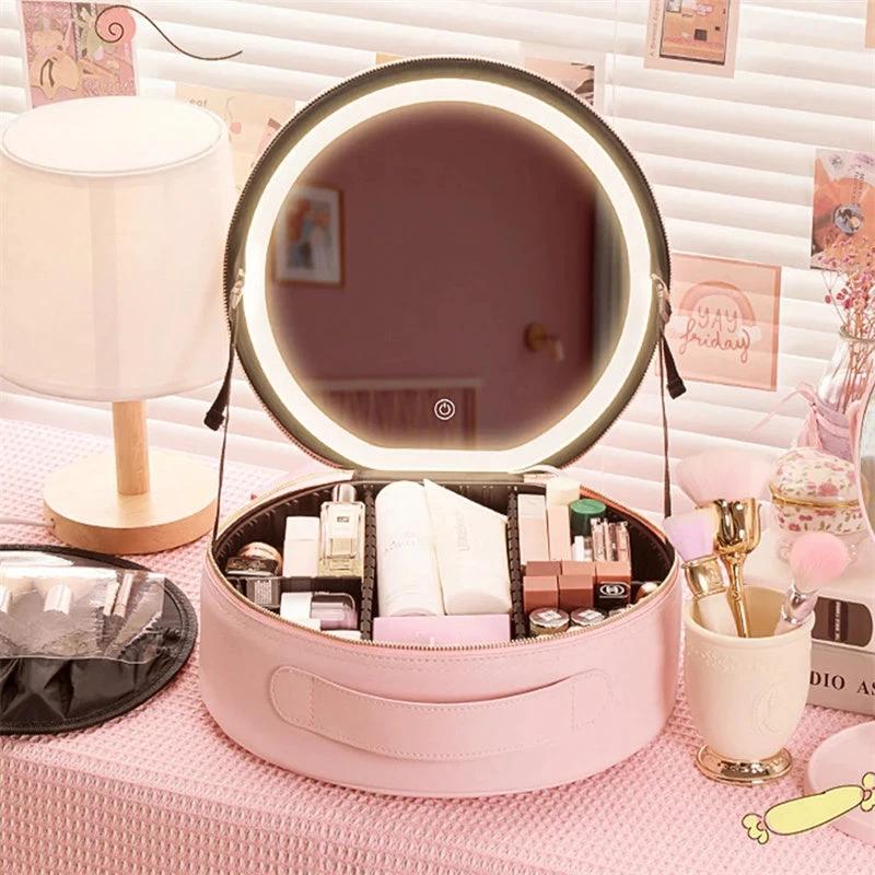 Round Smart LED Makeup Bag - Mirror Lights Travel Organizer MANDOTOS