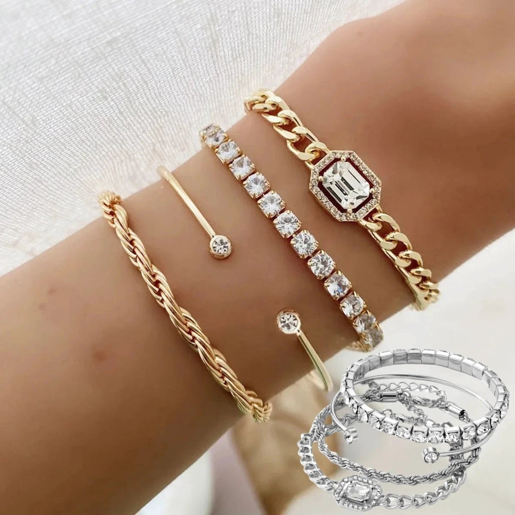 Fashion Jewelry 4 Pcs Crystal Bracelet Set Bohemian Design For Women Vintage Luxury Twisted Cuff Chains Armband Jewelry Accessories MANDOTOS