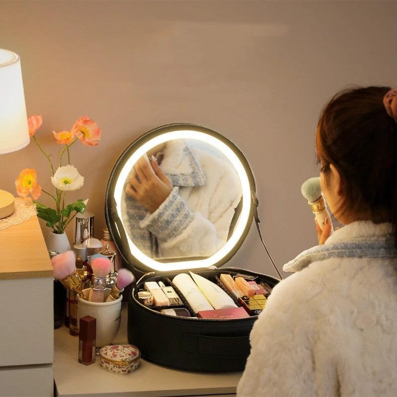 Round Smart LED Makeup Bag - Mirror Lights Travel Organizer MANDOTOS