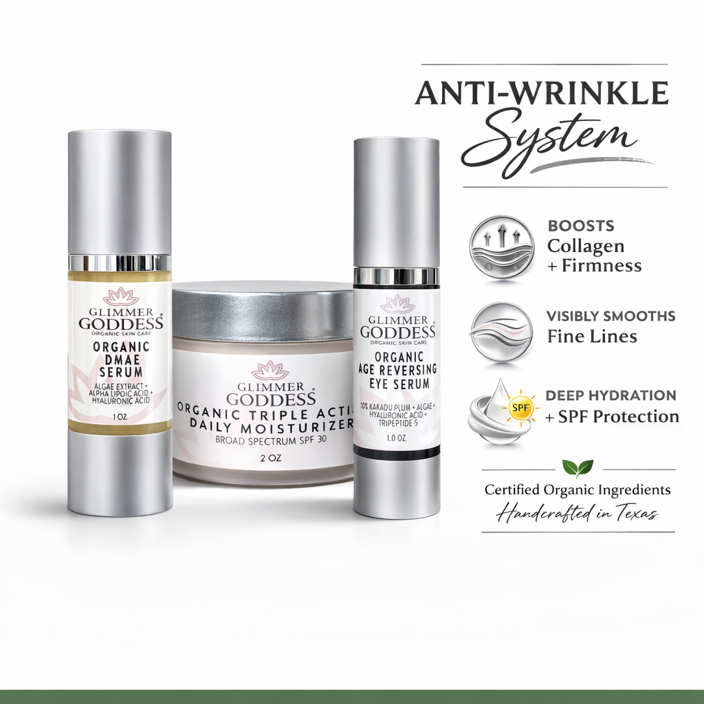 Organic Anti-Wrinkle Trio – 3-Step Collagen Boosting System Glimmer Goddess® Organic Skin Care