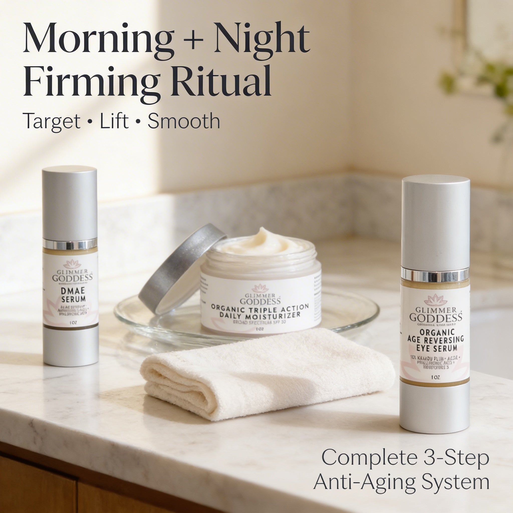 Organic Anti-Wrinkle Trio – 3-Step Collagen Boosting System Glimmer Goddess® Organic Skin Care