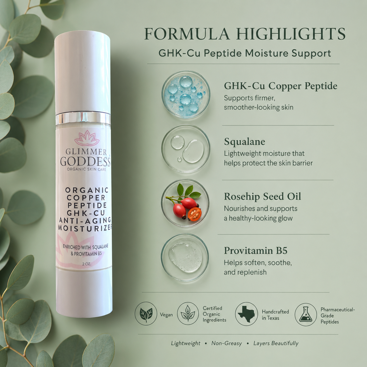 Organic Copper Peptide Moisturizer – Firming & Smoothing Glimmer Goddess® Organic Skin Care