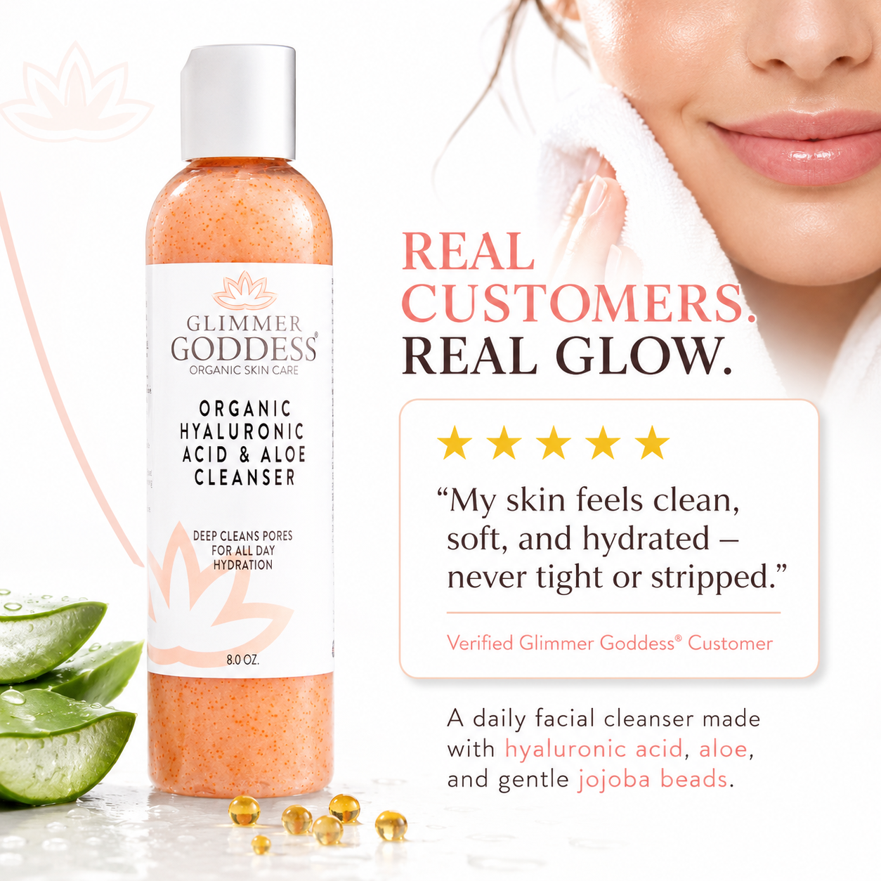 Organic Hydrating Facial Cleanser with Exfoliating Jojoba Beads – 8 oz Glimmer Goddess® Organic Skin Care