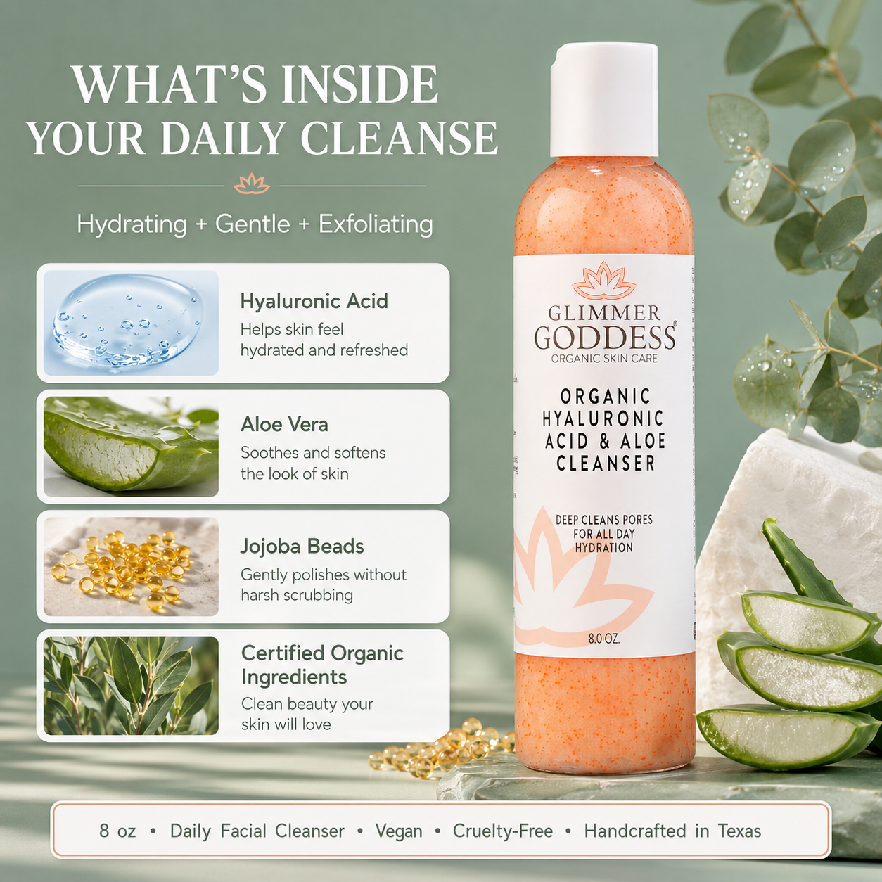 Organic Hydrating Facial Cleanser with Exfoliating Jojoba Beads – 8 oz Glimmer Goddess® Organic Skin Care