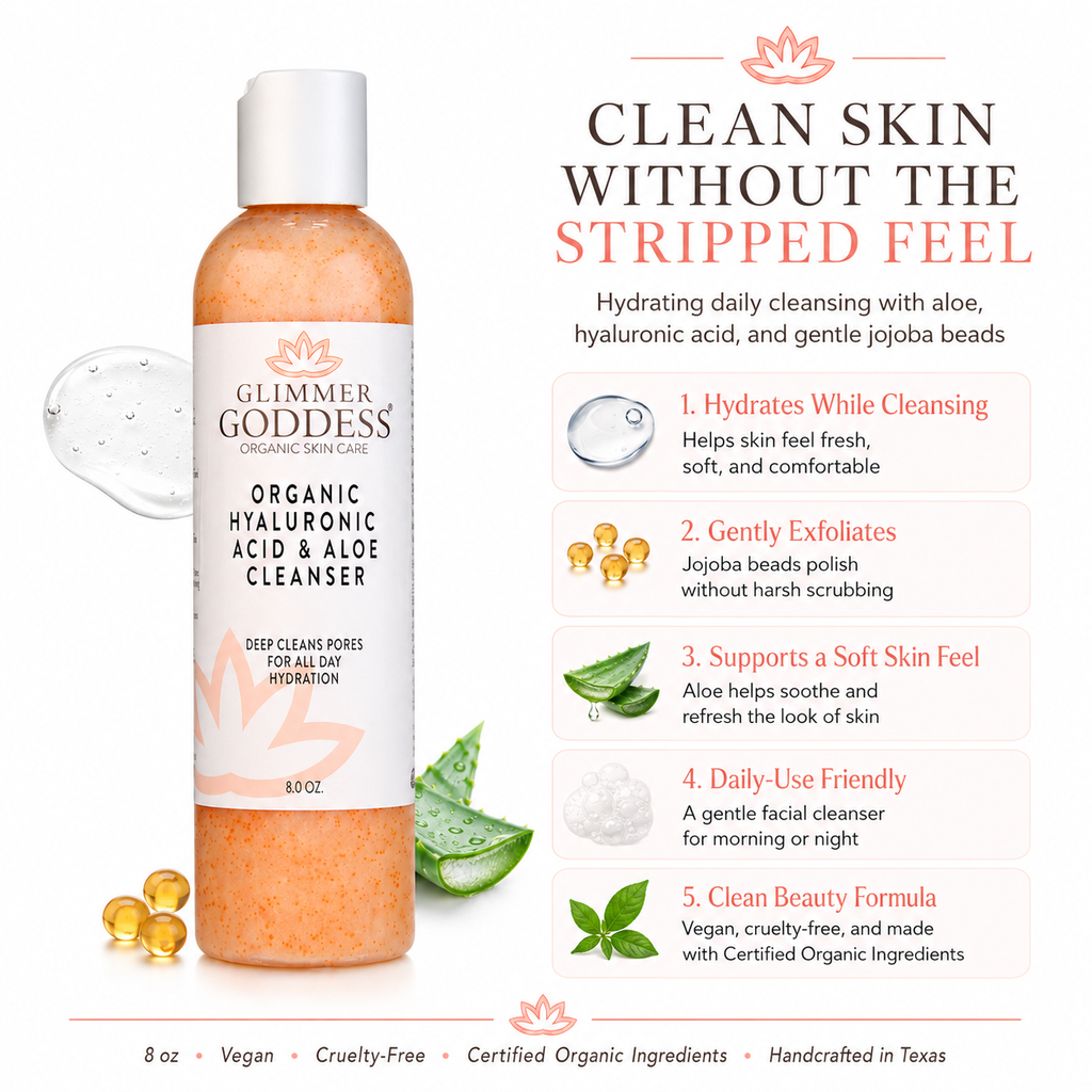 Organic Hydrating Facial Cleanser with Exfoliating Jojoba Beads – 8 oz Glimmer Goddess® Organic Skin Care
