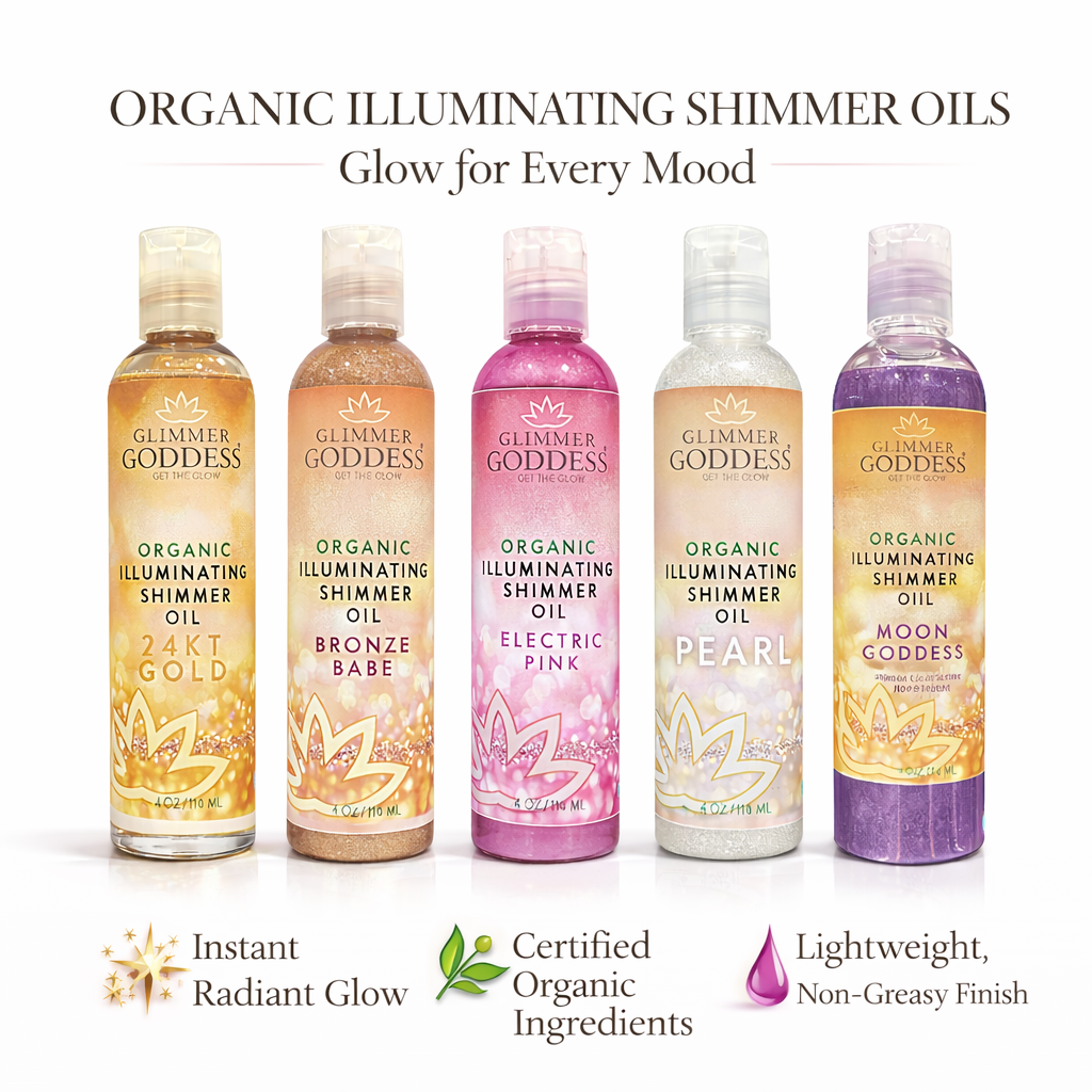 Organic Shimmer Oil – Illuminating Body Oil in 5 Shades for Radiant Glow & Deep Hydration Glimmer Goddess® Organic Skin Care