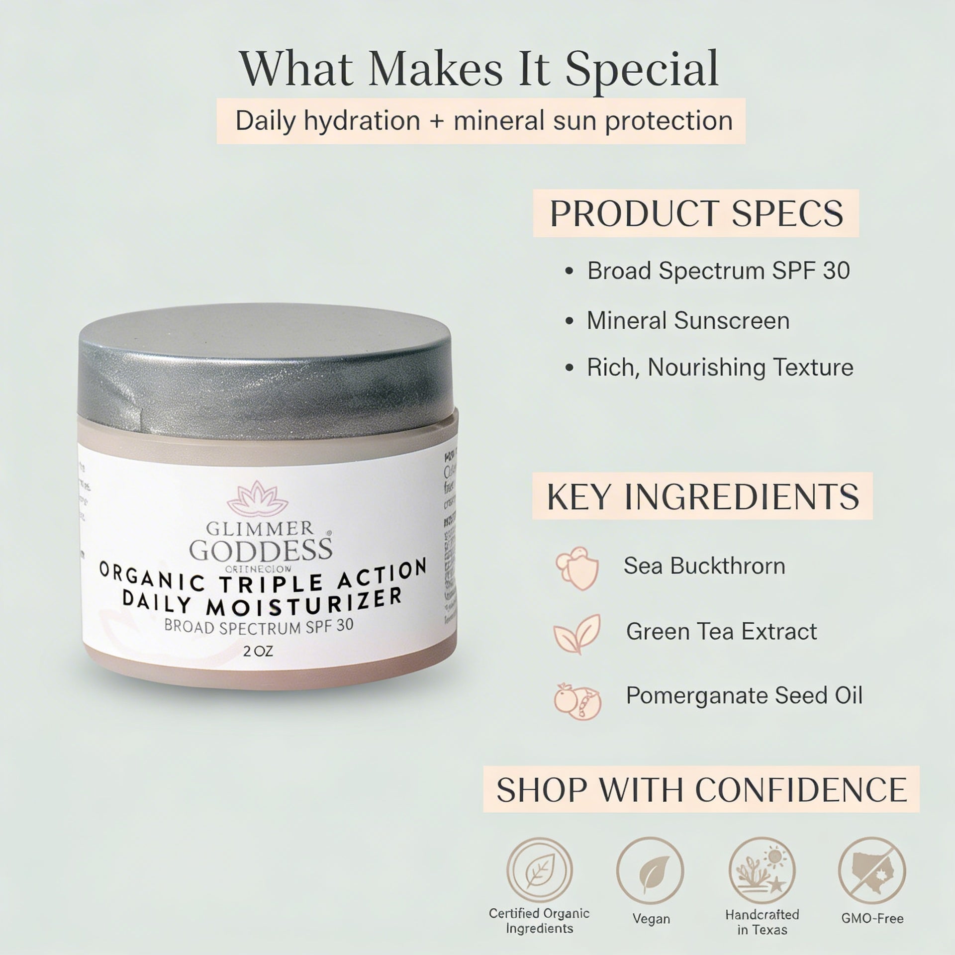 Triple Action Daily Moisturizer – Organic SPF 30 Glimmer Goddess® Organic Skin Care
