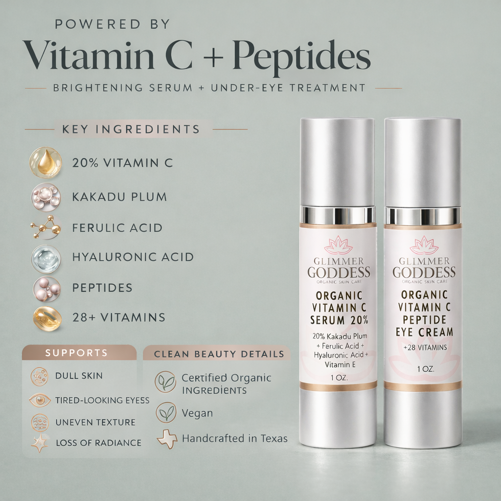 Organic Vitamin C Glow Duo – 20% Vitamin C + Peptide Eye Serum Glimmer Goddess® Organic Skin Care