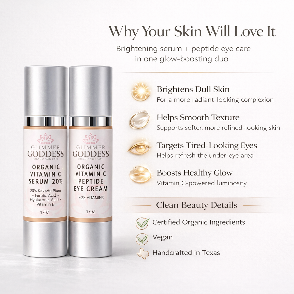 Organic Vitamin C Glow Duo – 20% Vitamin C + Peptide Eye Serum Glimmer Goddess® Organic Skin Care