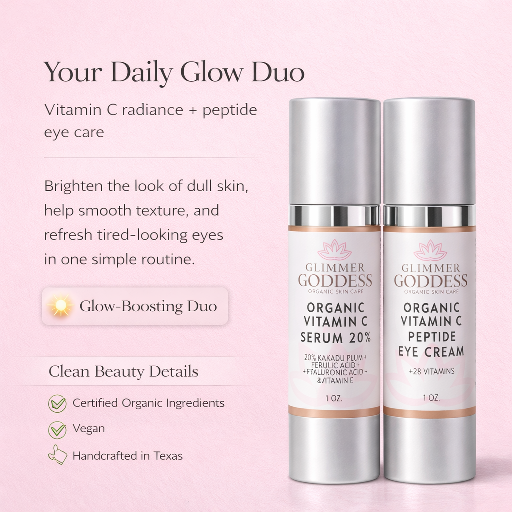 Organic Vitamin C Glow Duo – 20% Vitamin C + Peptide Eye Serum Glimmer Goddess® Organic Skin Care