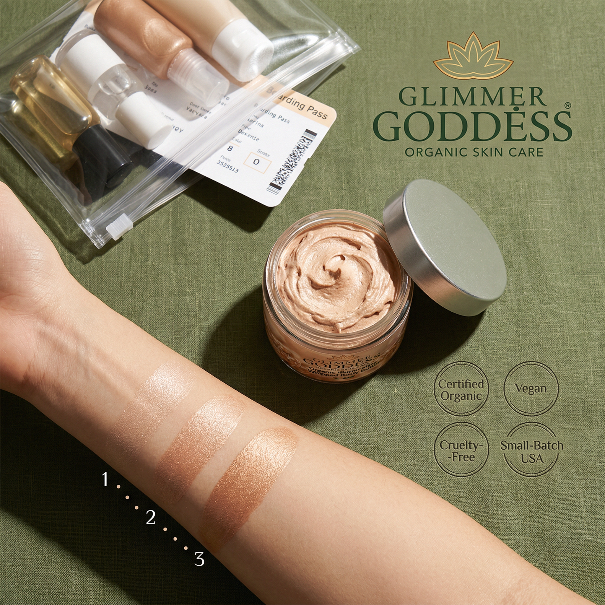 Organic Shimmering Body Butter 2 oz – Travel Size Glimmer Goddess® Organic Skin Care