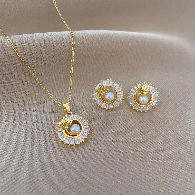 Fashion Jewelry Square Full Diamond Personalized Round Ring Leaves Necklace And Earrings Suite MANDOTOS