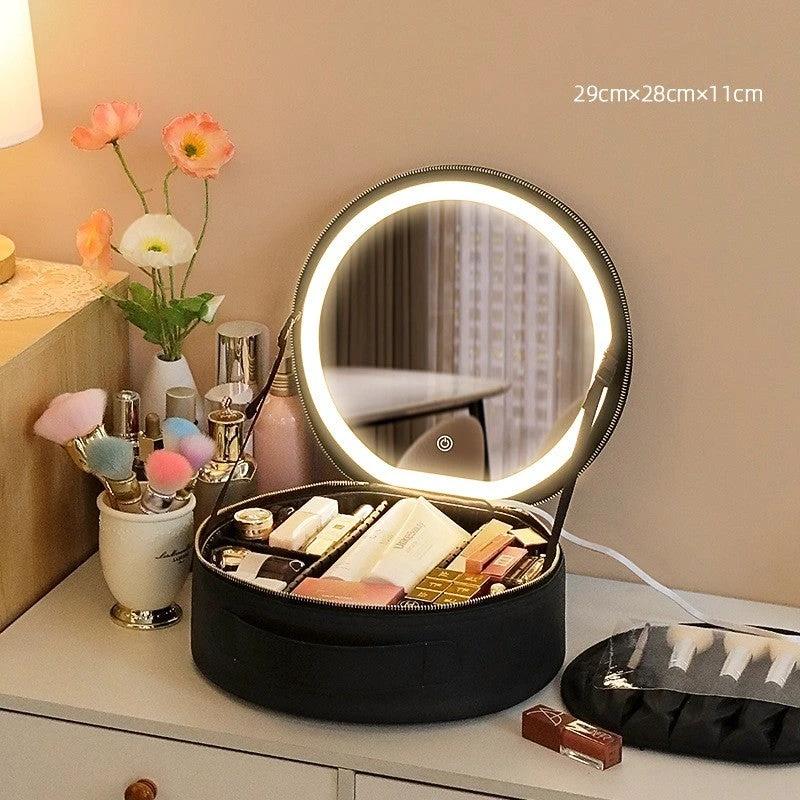 Round Smart LED Makeup Bag - Mirror Lights Travel Organizer MANDOTOS