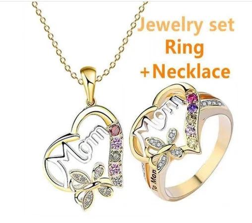 Mother's Day Gift Hollow Heart English Letter Love Mom Rhinestone Butterfly Finger Ring Jewelry Gift MANDOTOS
