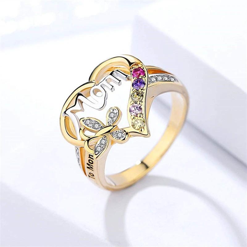 Mother's Day Gift Hollow Heart English Letter Love Mom Rhinestone Butterfly Finger Ring Jewelry Gift MANDOTOS