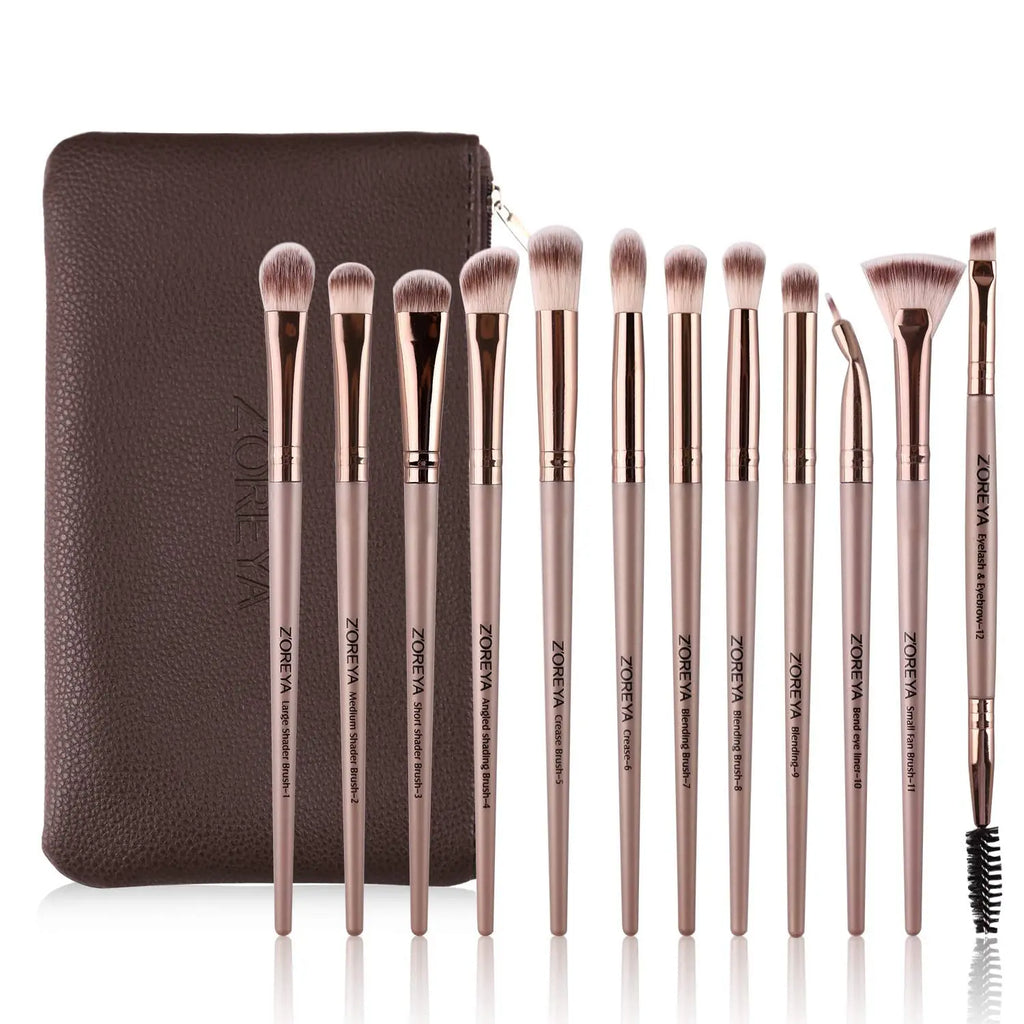 Eye Makeup Brushes, 12 Pcs Professional Eye Brush Set Eyeshadow, Eyebrow, Blending, Fan, Eyelash Brush Set with Carrying Bag (Champagne Gold) SnapGoShop