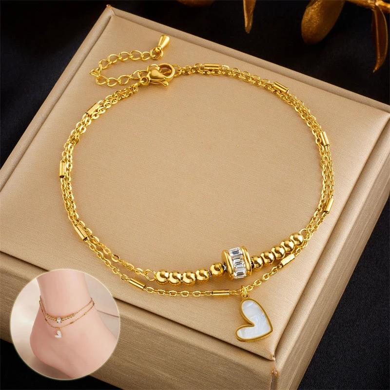 Fashion Jewelry Boho Classic Love Heart Ankle Chain Double Layer Chain Bracelet Anklet Charm Tassel Leg Chain On Foot Chain Women Party Jewelry Accessories MANDOTOS