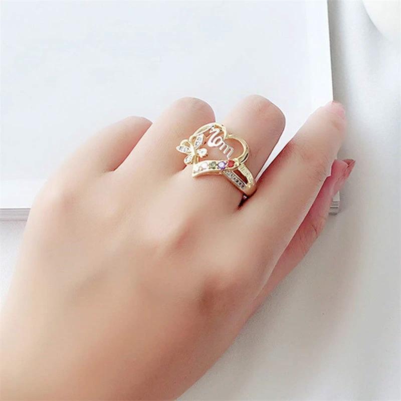 Mother's Day Gift Hollow Heart English Letter Love Mom Rhinestone Butterfly Finger Ring Jewelry Gift MANDOTOS