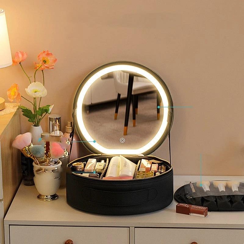 Round Smart LED Makeup Bag - Mirror Lights Travel Organizer MANDOTOS