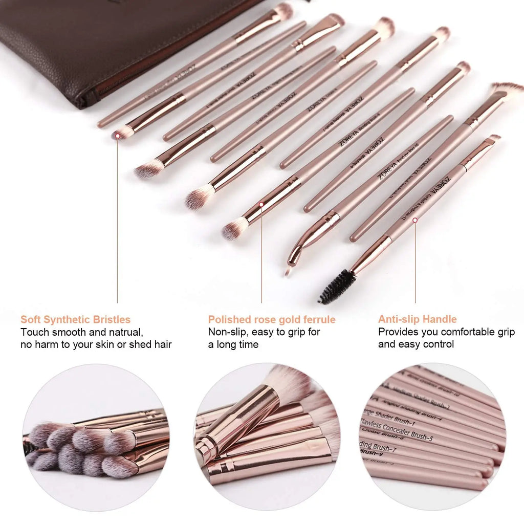 Eye Makeup Brushes, 12 Pcs Professional Eye Brush Set Eyeshadow, Eyebrow, Blending, Fan, Eyelash Brush Set with Carrying Bag (Champagne Gold) SnapGoShop