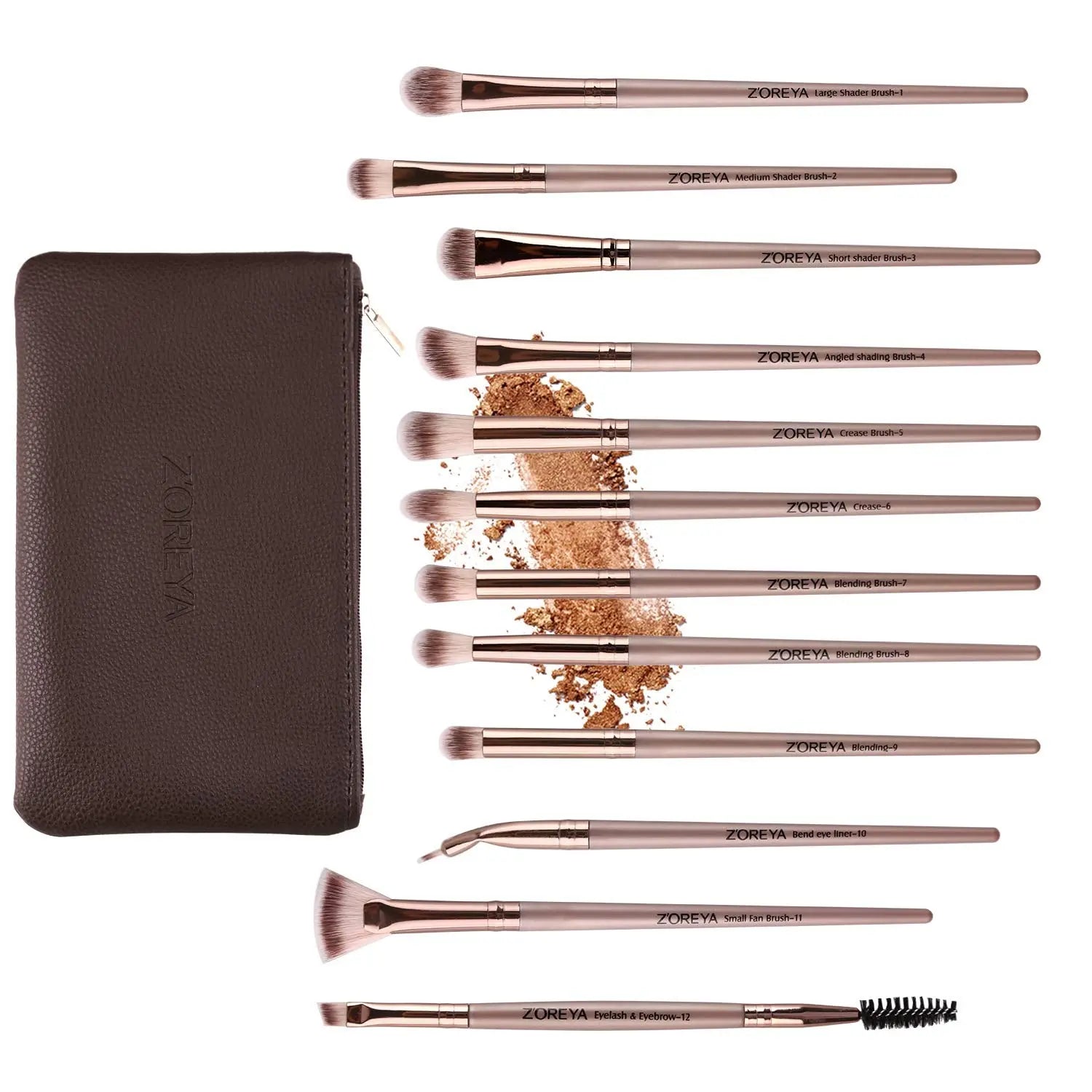 Eye Makeup Brushes, 12 Pcs Professional Eye Brush Set Eyeshadow, Eyebrow, Blending, Fan, Eyelash Brush Set with Carrying Bag (Champagne Gold) SnapGoShop