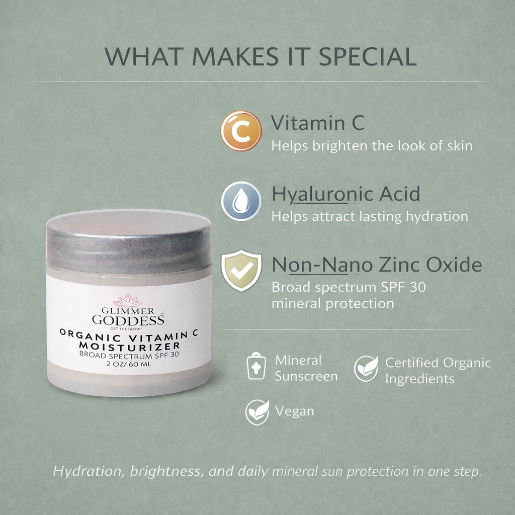 Organic Vitamin C Daily Moisturizer SPF 30 – Brightening Formula Glimmer Goddess® Organic Skin Care
