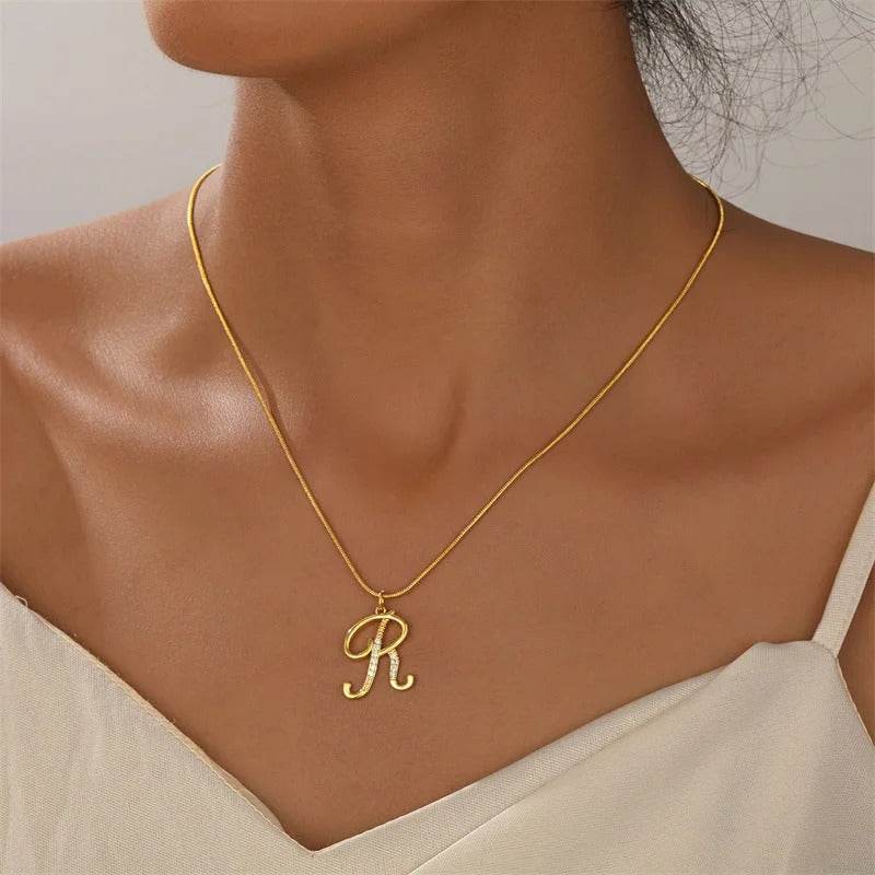Gold Letter Pendant Necklace for Women – A-Z Alphabet Zircon Crystal Choker, Snake Chain Jewelry Gift CartRare