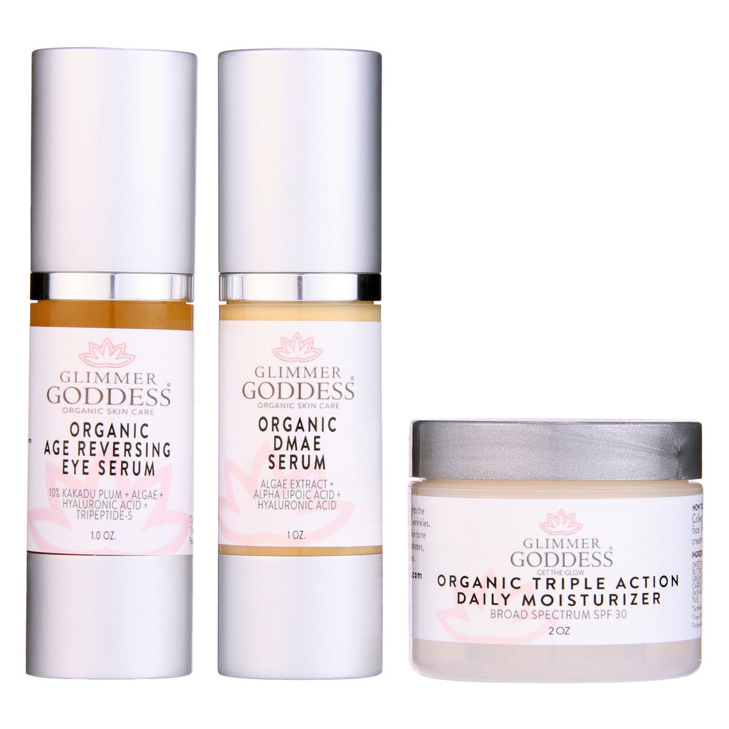 Organic Anti-Wrinkle Trio – 3-Step Collagen Boosting System Glimmer Goddess® Organic Skin Care