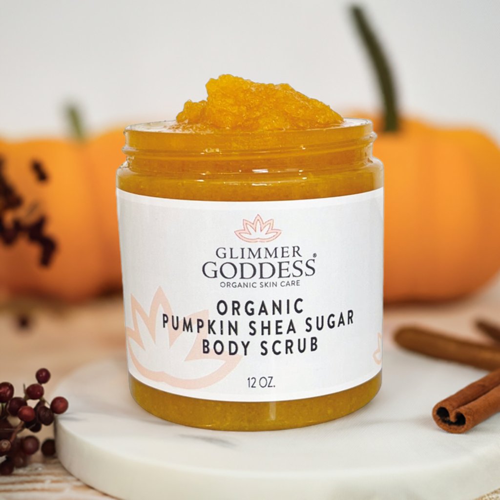 Organic Pumpkin Shea Sugar Body Scrub – Fall Scented Exfoliator Glimmer Goddess® Organic Skin Care