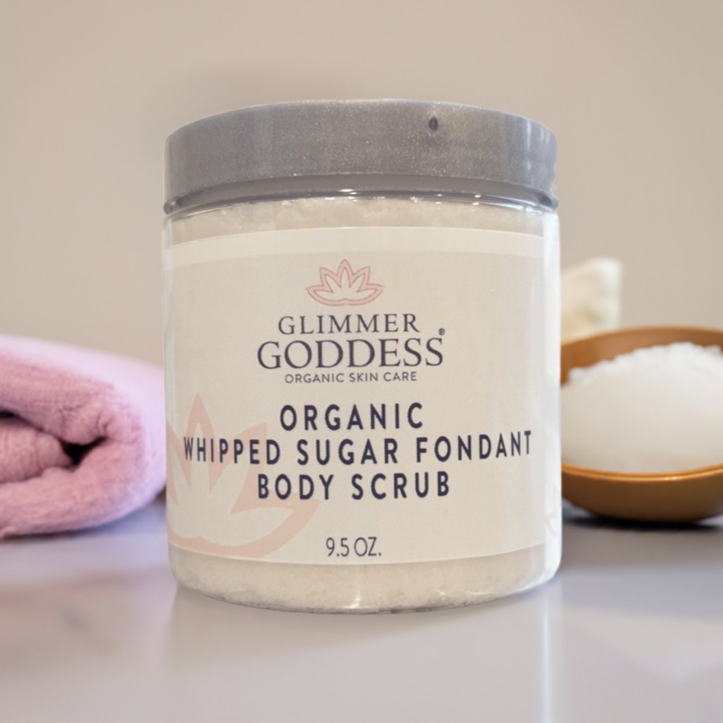 Organic Whipped Sugar Body Scrub 10 oz – Crepey Skin Treatment & Exfoliator Glimmer Goddess® Organic Skin Care
