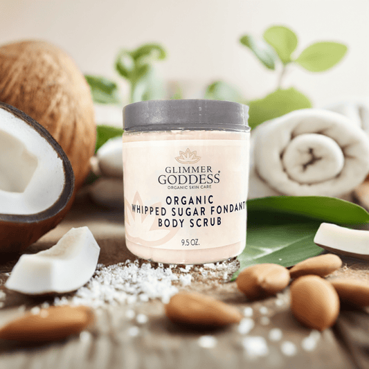 Organic Whipped Sugar Body Scrub 10 oz – Crepey Skin Treatment & Exfoliator Glimmer Goddess® Organic Skin Care