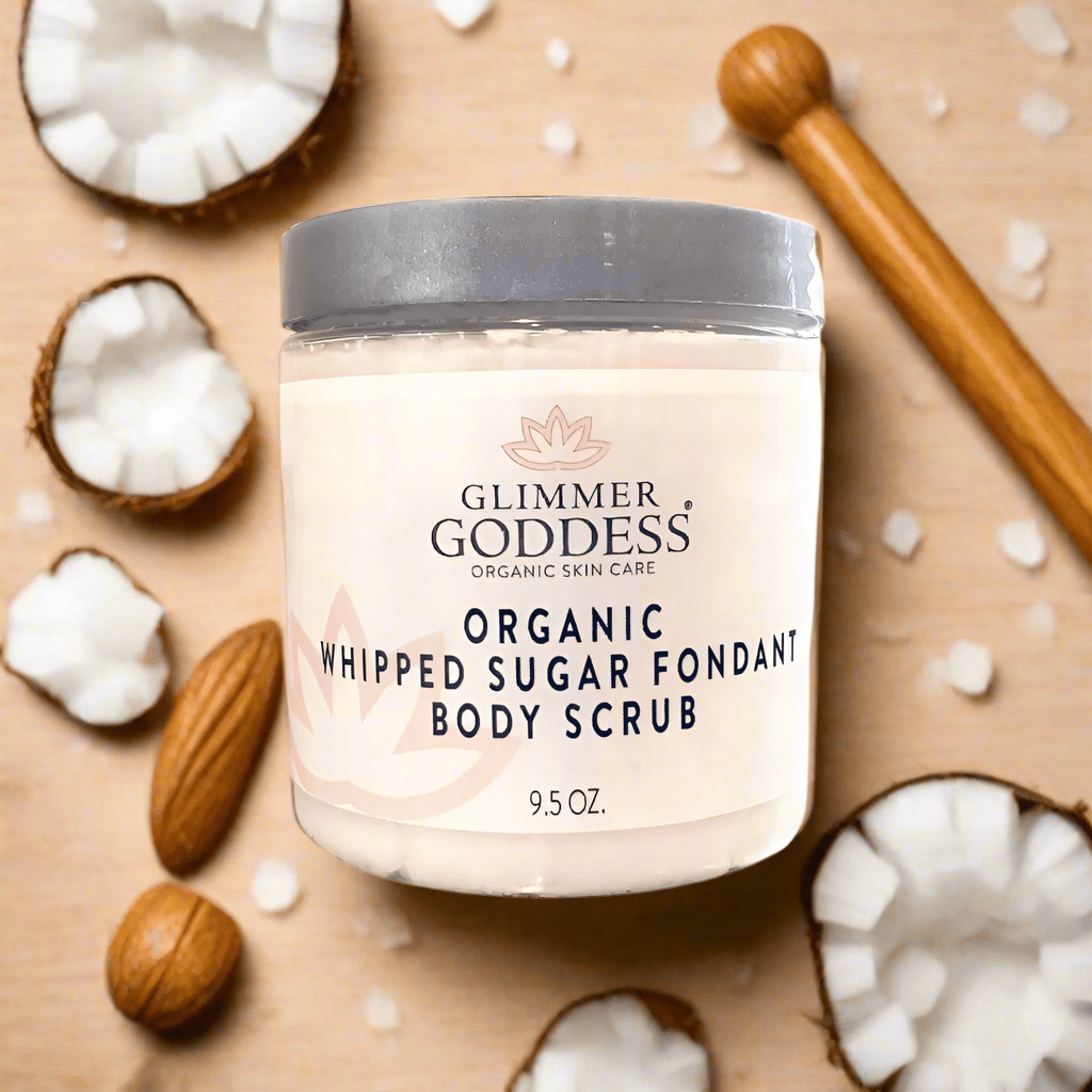 Organic Whipped Sugar Body Scrub 10 oz – Crepey Skin Treatment & Exfoliator Glimmer Goddess® Organic Skin Care