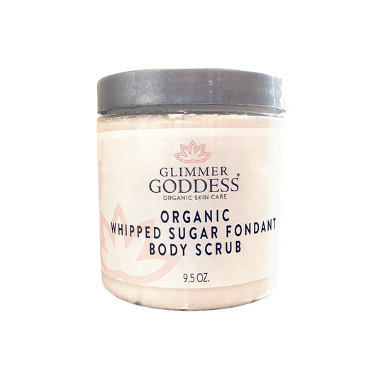 Organic Whipped Sugar Body Scrub 10 oz – Crepey Skin Treatment & Exfoliator Glimmer Goddess® Organic Skin Care