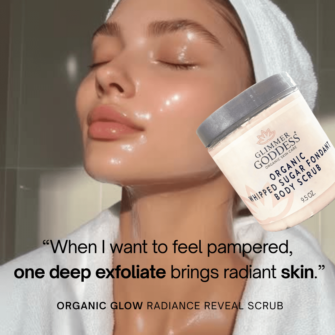 Organic Whipped Sugar Body Scrub 10 oz – Crepey Skin Treatment & Exfoliator Glimmer Goddess® Organic Skin Care