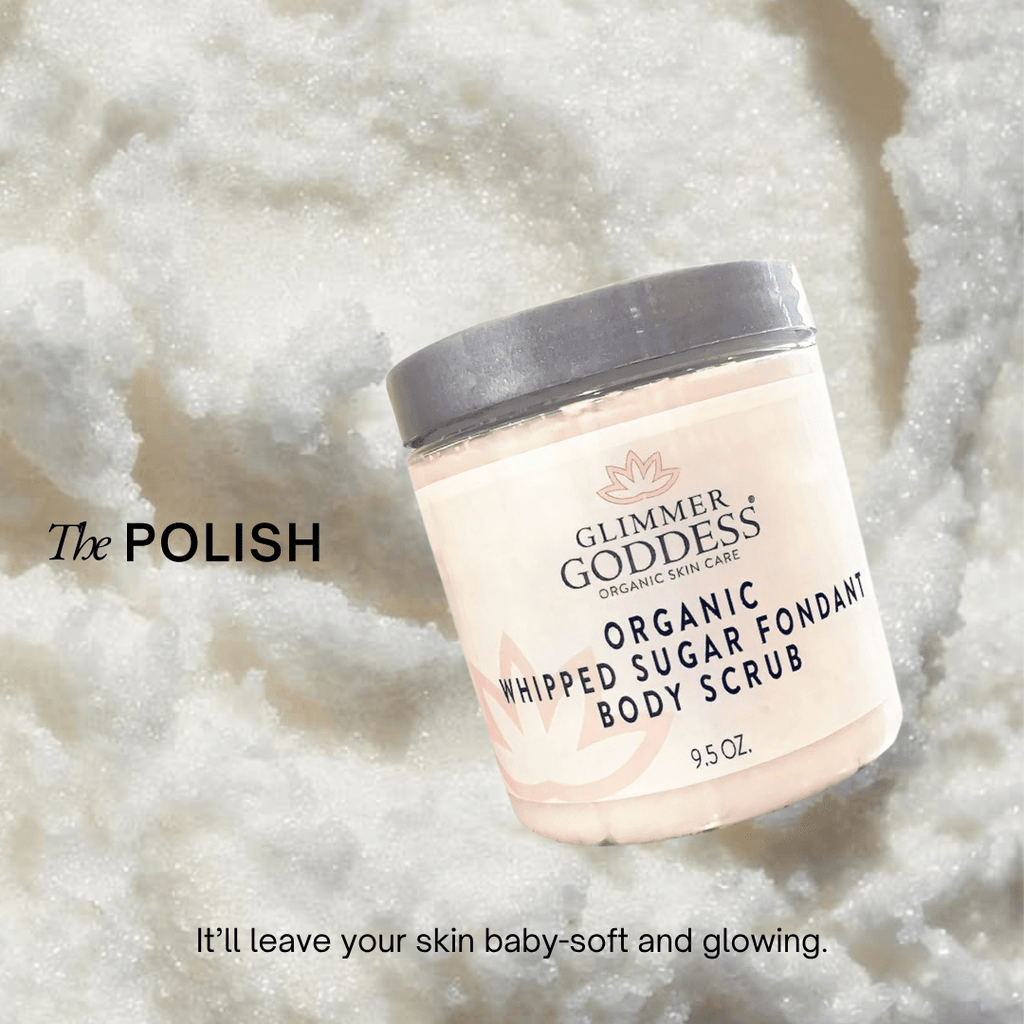Organic Whipped Sugar Body Scrub 10 oz – Crepey Skin Treatment & Exfoliator Glimmer Goddess® Organic Skin Care
