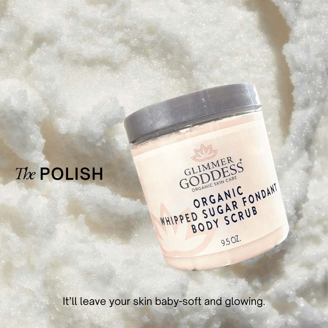 Organic Whipped Sugar Body Scrub 10 oz – Crepey Skin Treatment & Exfoliator Glimmer Goddess® Organic Skin Care